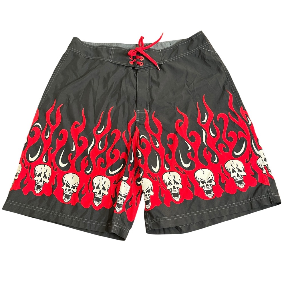 Sideout Board Shorts Men 38‎ Black Red New Flames Skulls Y2K Surf Swim Trunks